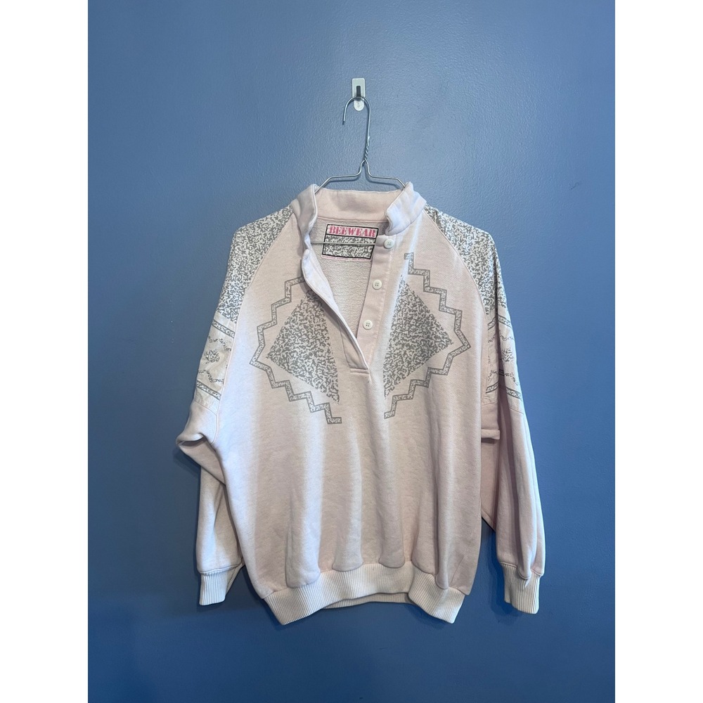 Women's Vintage Beewear‎ Light Pink Qtr Button Pull Over Geometric 80s Sz Sm/Med